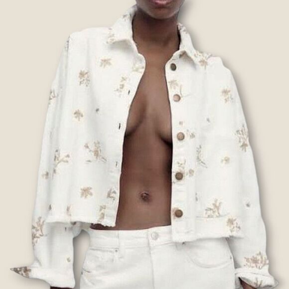 Zara White Gold Cropped Denim Jean Overshirt Button Down Jacket - Picture 6 of 9